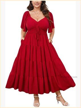 Plus Size Boho Maxi Dress Short Sleeve Tiered A-line with Pockets